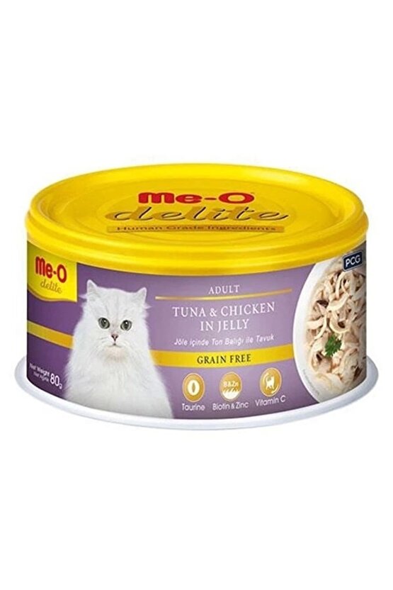 Meo Delite Tahılsız Jöleli Ton Balıklı ve Tavuklu Yetişkin Konserve Kedi Maması 80 Gr