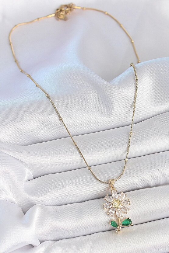 316l Çelik Gold Renk Minimal Topçuk Zincir Zirkon Taşlı Papatya Model Kadın Kolye