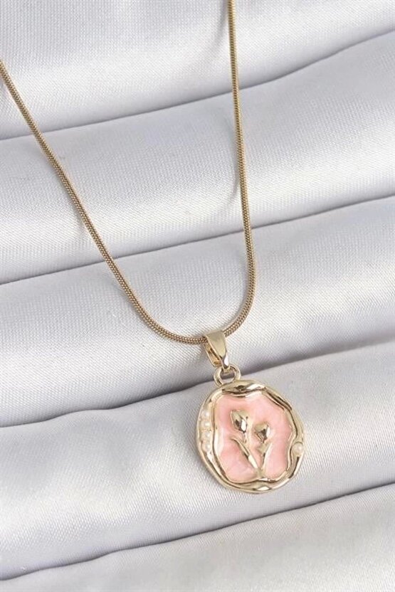 316L Çelik Gold Renk Zincir Pembe Mineli Çiçek İşlemeli Portre Model Kadın Kolye