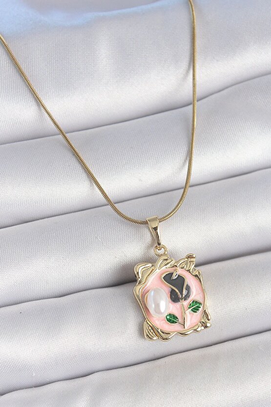 316l Çelik Gold Renk Zincir Pembe Mineli Çiçek Işlemli Inci Detay Portre Model Kadın Kolye - Lisiny