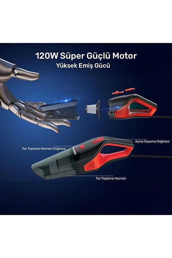 Kbv12 12volt120watt Araç Süpürgesi 5 Parça Aksesuar Seti Taşıma Çantası