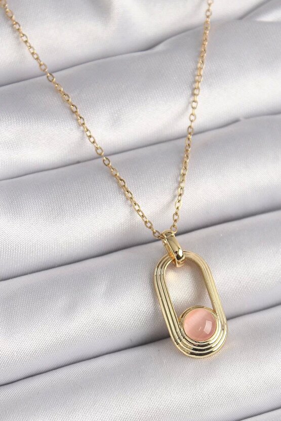 316l Çelik Gold Renk Pembe Kedi Göz Model Kadın Kolye