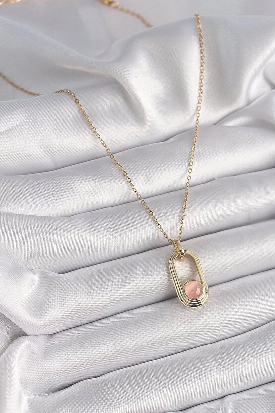316l Çelik Gold Renk Pembe Kedi Göz Model Kadın Kolye
