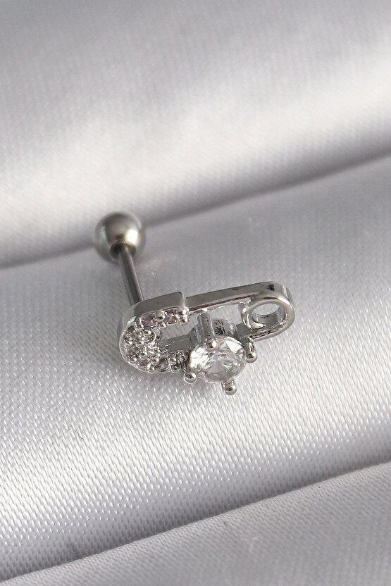 316l Çelik Gümüş Renk Zirkon Taşlı Toplu Iğne Tragus Piercing