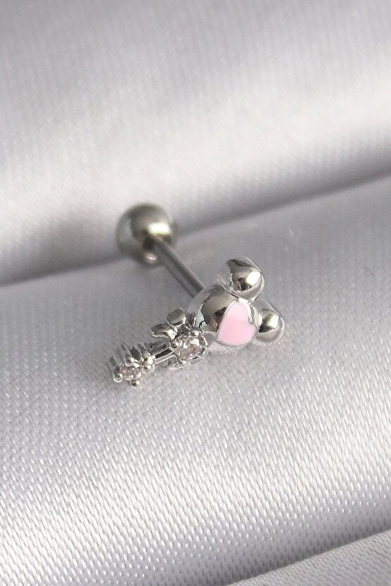 316l Çelik Gümüş Renk Zirkon Taş Detay Pembe Kalp Işleme Tragus Piercing