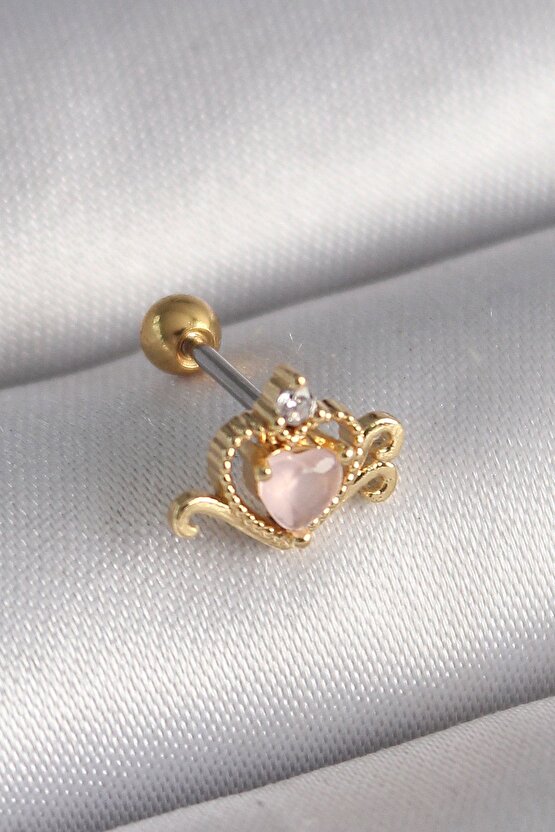 316l Çelik Gold Renk Pembe Mineli Kalp Zirkon Taş Detay Tragus Piercing