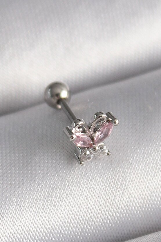 316l Çelik Gümüş Renk Pembe Zirkon Taşlı Kelebek Tragus Piercing