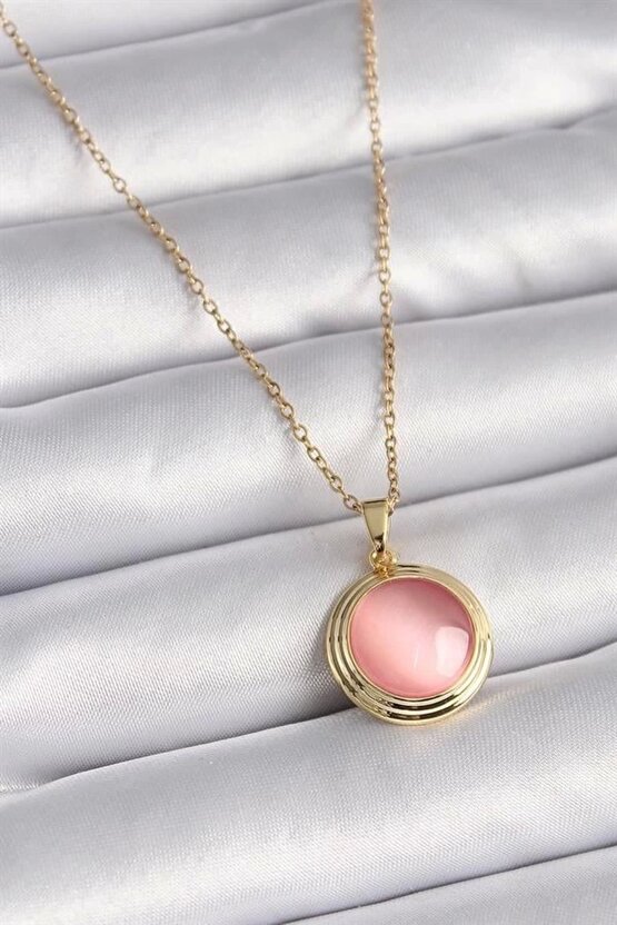 316l Çelik Gold Renk Pembe Sedefli Daire Model Kadın Kolye