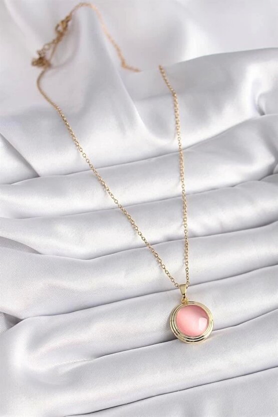 316l Çelik Gold Renk Pembe Sedefli Daire Model Kadın Kolye
