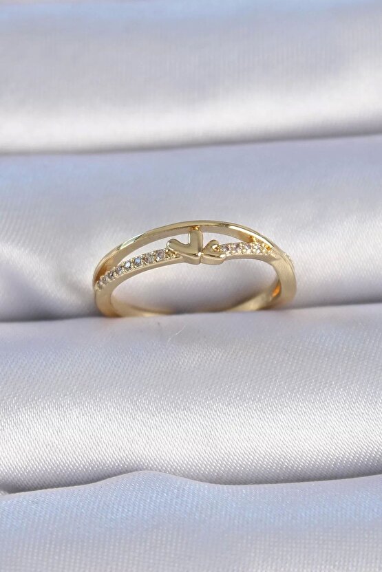 Pirinç Gold Renk Zirkon Taşlı Kalp Model Kadın Yüzük
