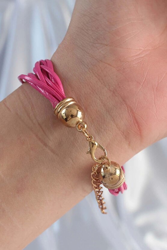 Pembe Renk Zirkon Taşlı Ipli Çoklu Bileklik