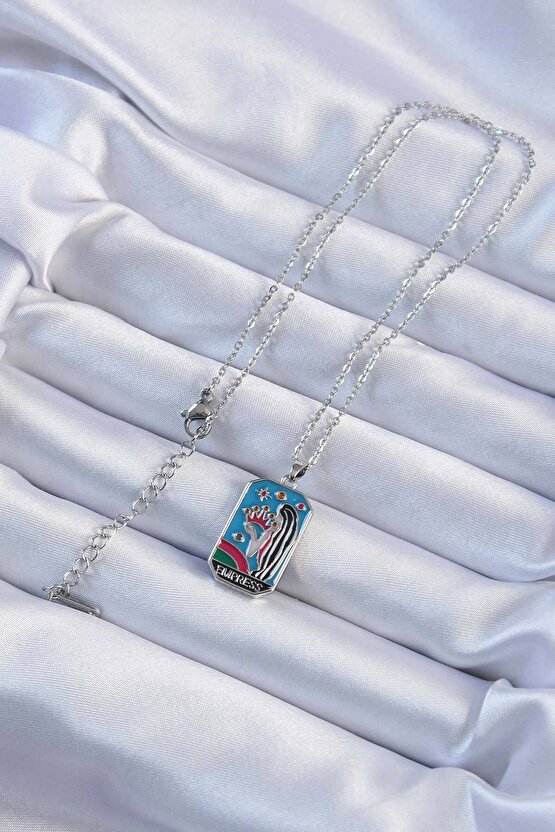 316l Çelik Zincir Gümüş Renk Taç Ve Kız Figürlü Renkli Mineli Tarot Kolye