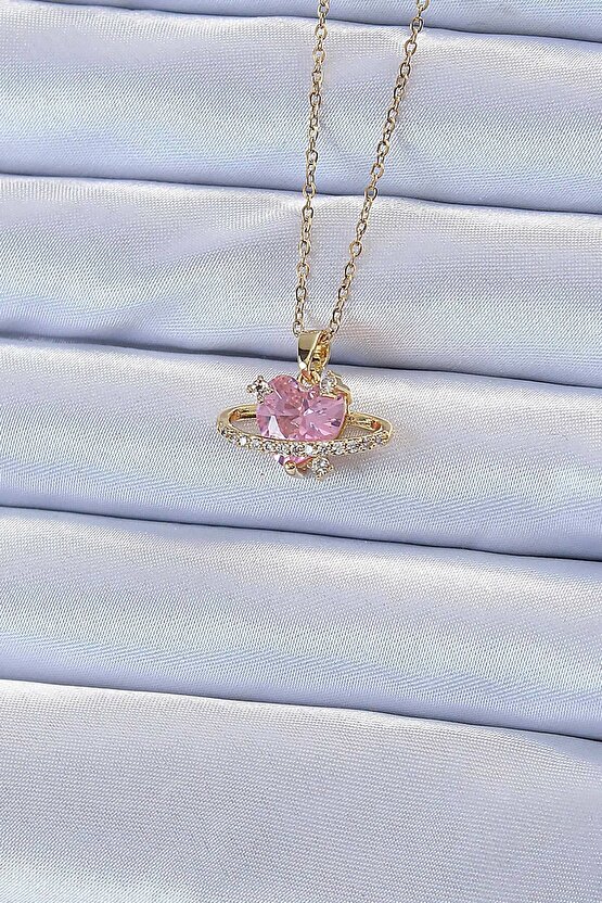 316l Çelik Zincir Altın Renk Pembe Zirkon Taşlı Satürn Görünümlü Kalp Kolye - Lisinya