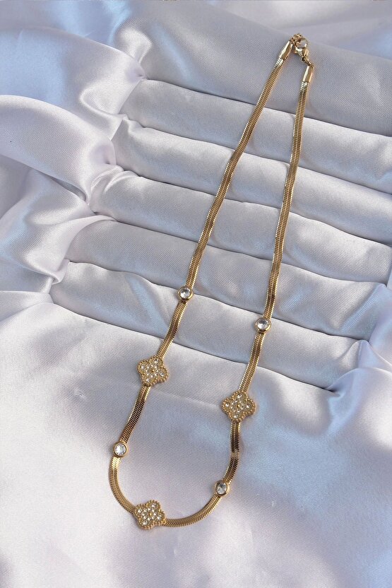 316l Çelik Italyan Zincirli Gold Renk Zirkon Taşlı Yonca Model Kolye