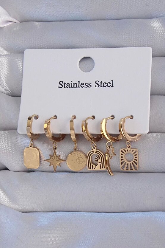 316l Çelik Gold Renk Yıldız Figürlü Tarot Model Halka Küpe Seti