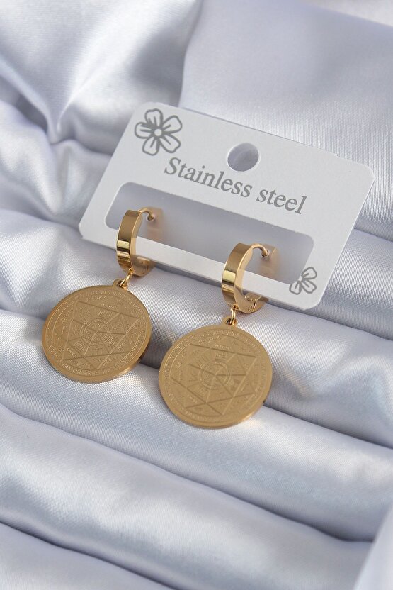 316l Çelik Gold Renk Pentagram Işleme Model Kadın Küpe