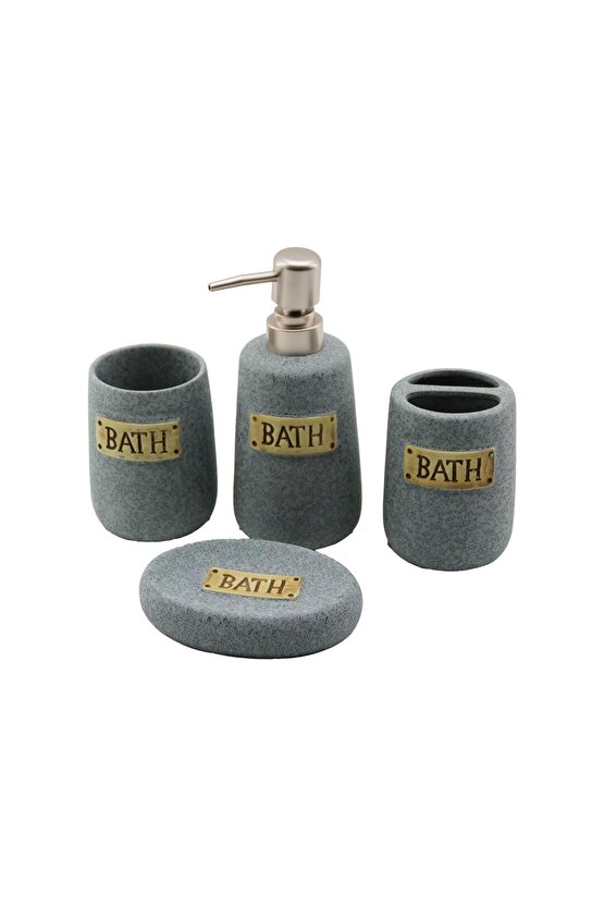 4 Pcs Gri Seramik Banyo Temizlik Seti Sıvı - Katı Sabunluk - Diş Fırçalık - Macunluk (4767)