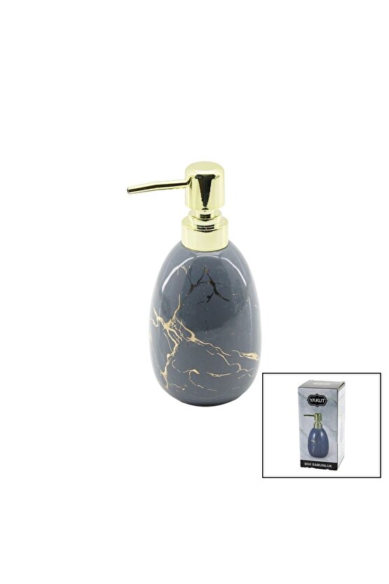 DİKEY TOMBUL GRİ MERMER DESEN SERAMİK SIVI SABUNLUK GOLD KAPAK (4767)
