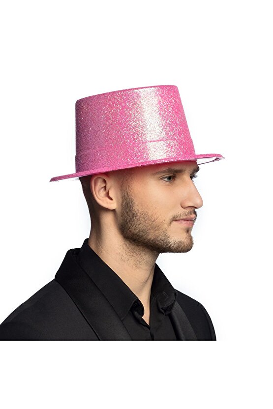 Floresan Pembe Renk Simli Uzun Fötr Melon Şapka 12 Cm