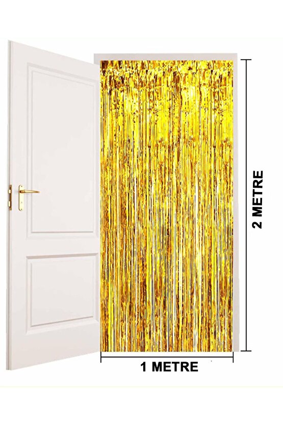 Altın Gold Renk Ekstra Metalize Parlak Saçaklı Arka Fon Perde İthal A Kalite 1x2 Metre