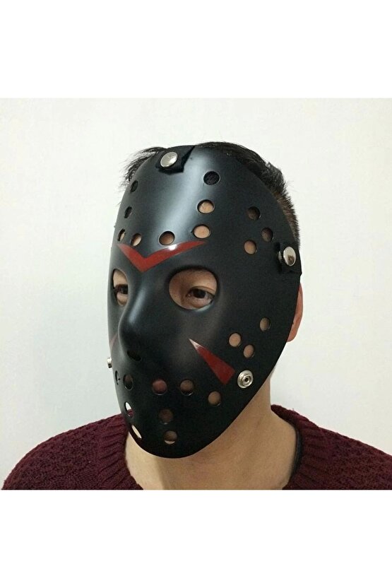 Siyah Renk Kırmızı Çizgili Tam Yüz Hokey Jason Maskesi Hannibal Maskesi (4767)