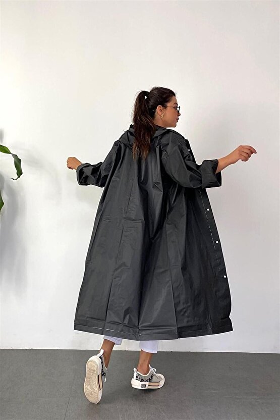 Unisex Kadın Ve Erkek YAĞMURLUK %100 EVA Çıtçıtlı Kapüşonlu SİYAH Renk