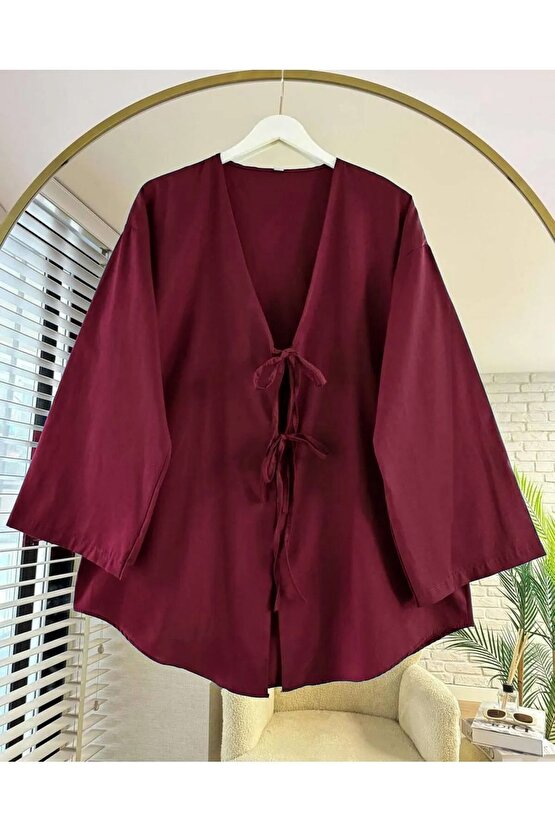 Önü bağlamalı Kimono Kaftan Tunik  Açık Bordo