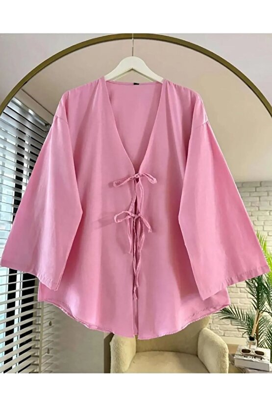 Önü Bağlamalı Kimono Tunik Pembe Oversize  hudors