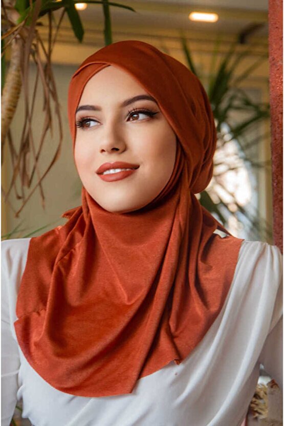 Kiremit Çapraz Bantlı Medium Size Hijab - Hazır Şal