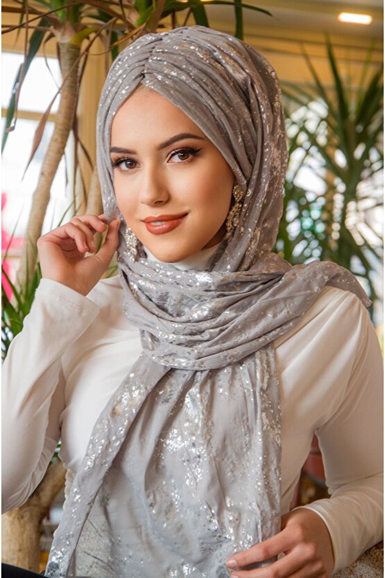 Koyu Gümüş Işıltılı Kelebek Model Büzgülü Bone Şal