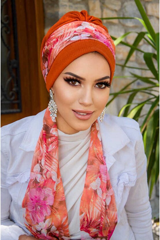 Taba Çiçek Desen Fularlı Bone