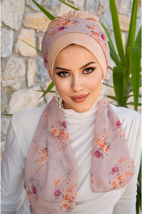 Bej Soft Çiçek Desenli Fularlı Bone