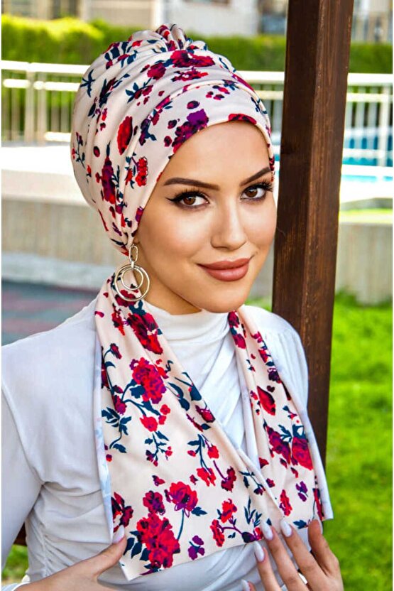 Ekru Bordo Çiçek Desenli Atkılı Bone