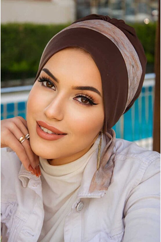 Kahve Ebru Batik Desen Bantlı Bone