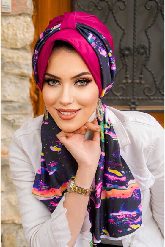 Fuşya Siyah Desenli Şapkalı Bone