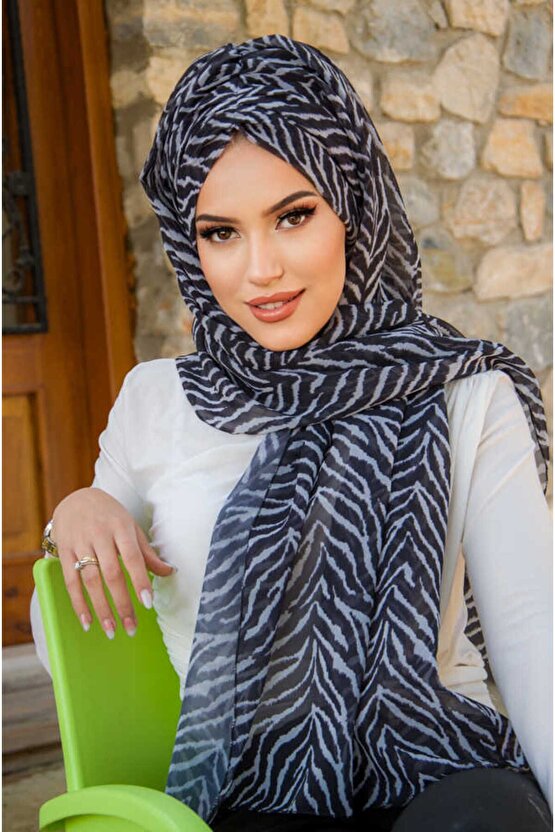 Siyah Gri Zebra Desen Hazır Şal