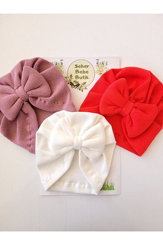 Kız Bebek & Çocuk Renkli Fiyonklu Bone 3Lü Set