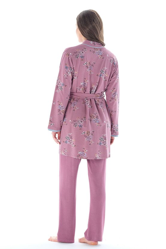Kadın Klasik Çicek Desenli Yakası Düğmeli Belden Kuşaklı 3lü Pijama Takımı