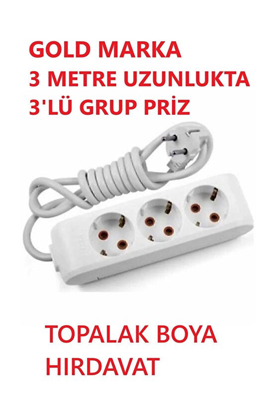 Gold Marka Priz 3lü Üçlü Topraklı Uzatma Kablolu Grup Priz 3 Metre Orijinal Ürün