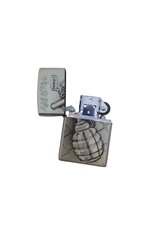 Benzinli Grenade Boom Yazili Kabartmali El Bombasi Desenli Zippo Cakmak