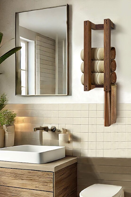 Ahşap Duvar Rafı Banyo Rafı Havluluk Ceviz