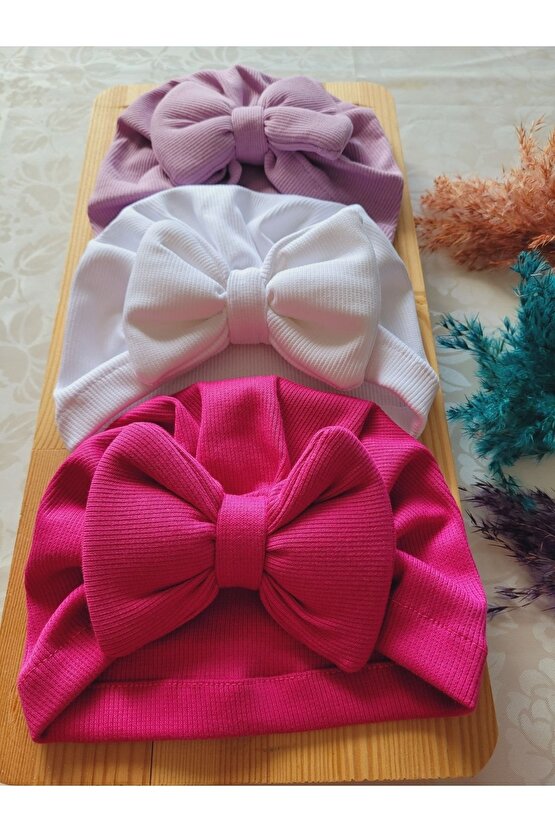 Kız Bebek & Çocuk Renkli Fiyonk Bone 3lü Set