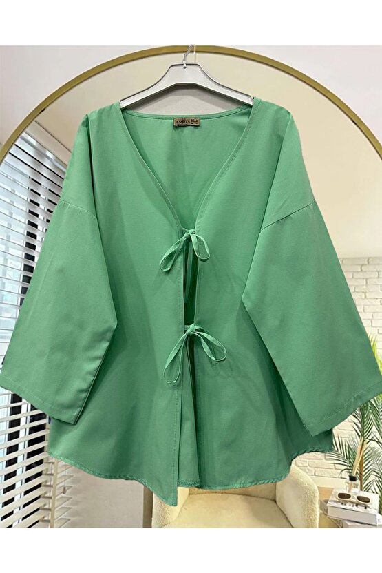 Önü Baglamalı A Yeşil Kimono Tunik