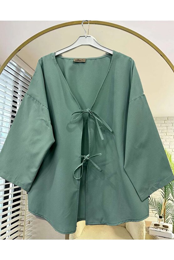 Önü Baglamalı Çağla yeşili Kimono Tunik