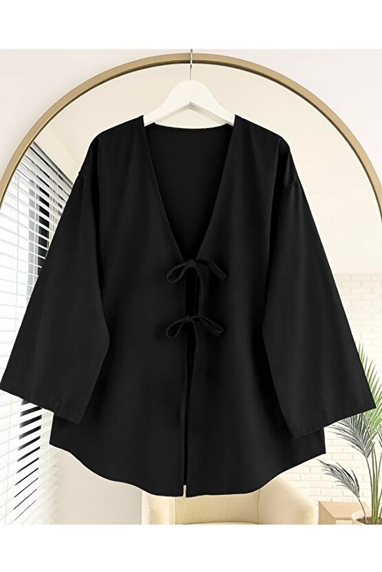 Önü Baglamalı Siyah Kimono Tunik
