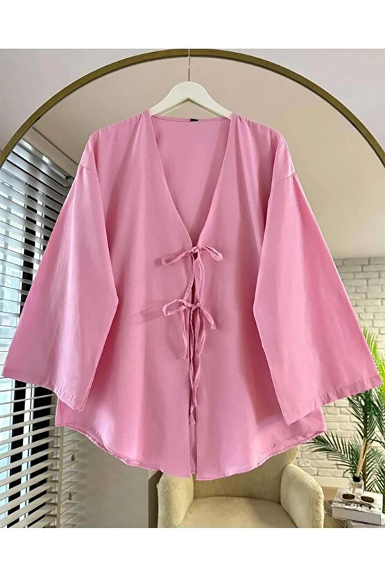 Önü Baglamalı Pembe Kimono Tunik