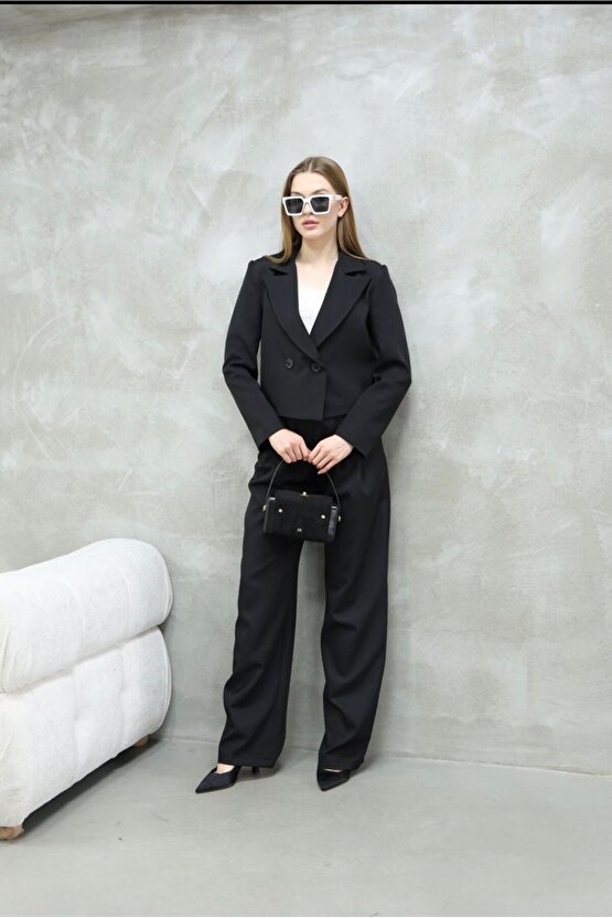 Kısa Crop Blazer Ceket Pantolon Ikili Takım - Siyah