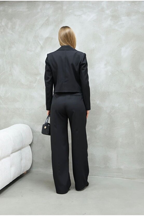 Kısa Crop Blazer Ceket Pantolon Ikili Takım - Siyah
