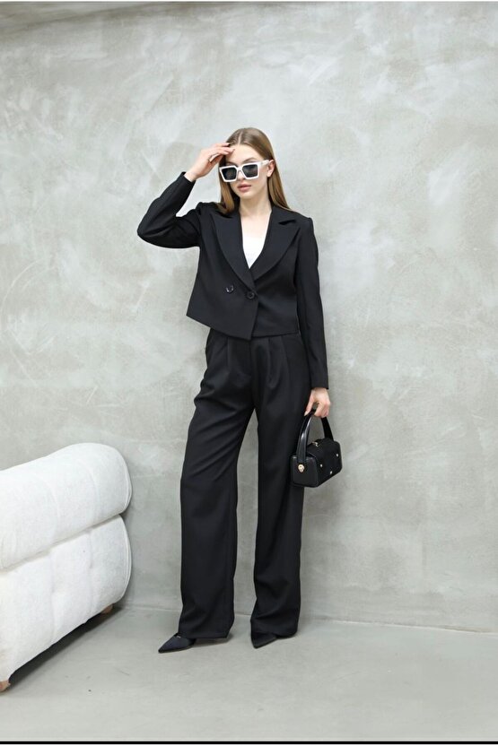 Kısa Crop Blazer Ceket Pantolon Ikili Takım - Siyah