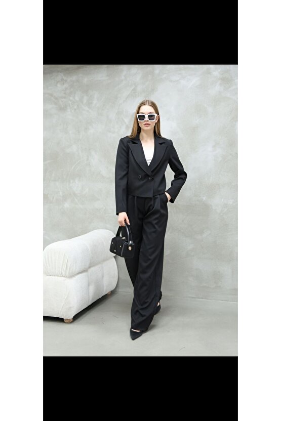 Kısa Crop Blazer Ceket Pantolon Ikili Takım - Siyah